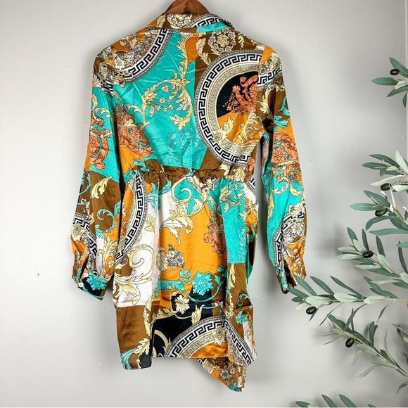 Women Baroque Print Muliti Patterned Button Down Mini Wrap Tied Stain Dress - Picture 4 of 8